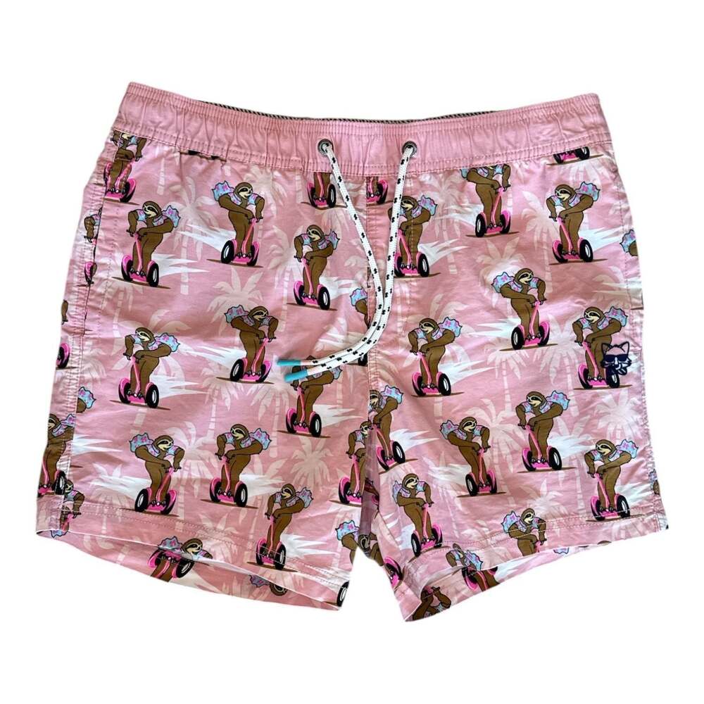 Party Pants Men's Pink Sloth on Segway Print Swim Trunks Size Medium